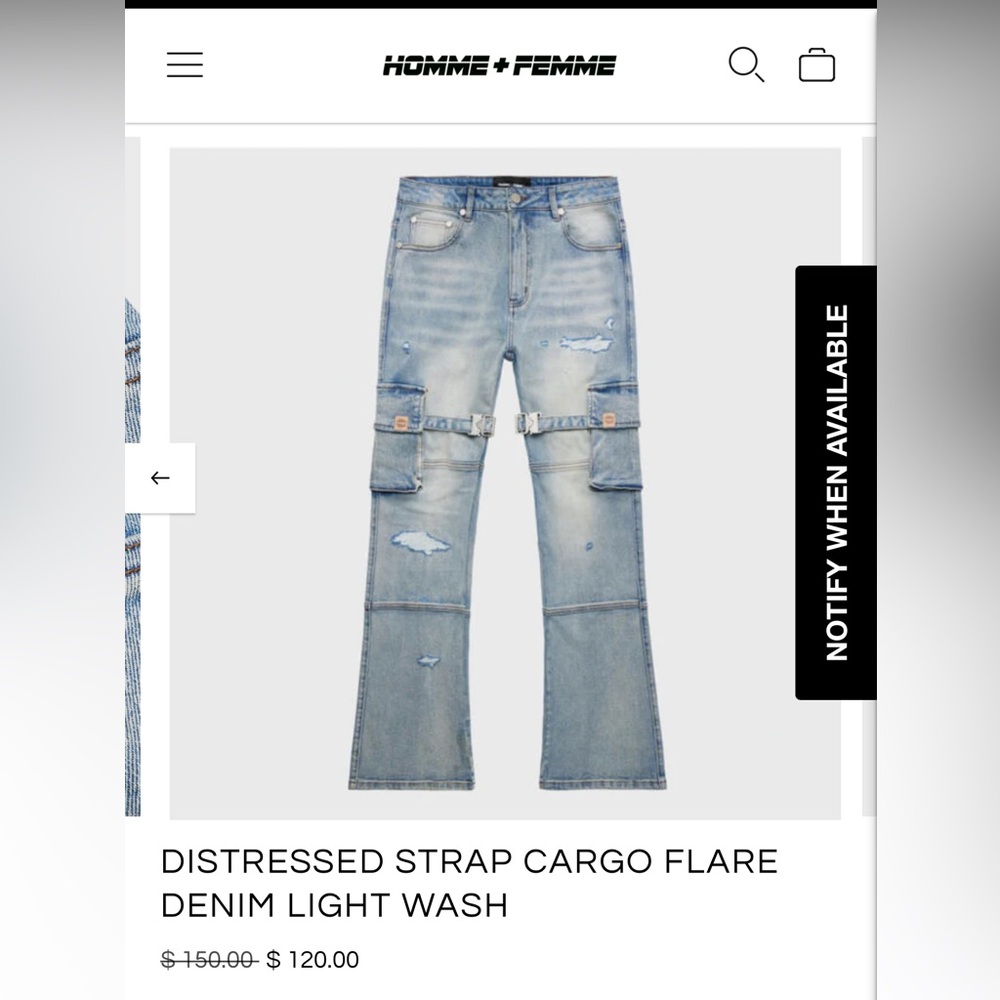 NWT: HommeFemme Distressed cargo Flare Denim